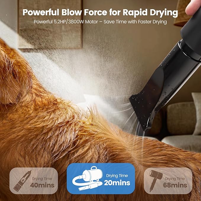 Dog Dryer, 5.2HP/3800W High Velocity Dog Hair Dryer with 4 Nozzles, Stepless Adjustable Speed & Temperature Control, Low Noise Professional Dog Grooming Dryer (Blue)-PurrikoPets