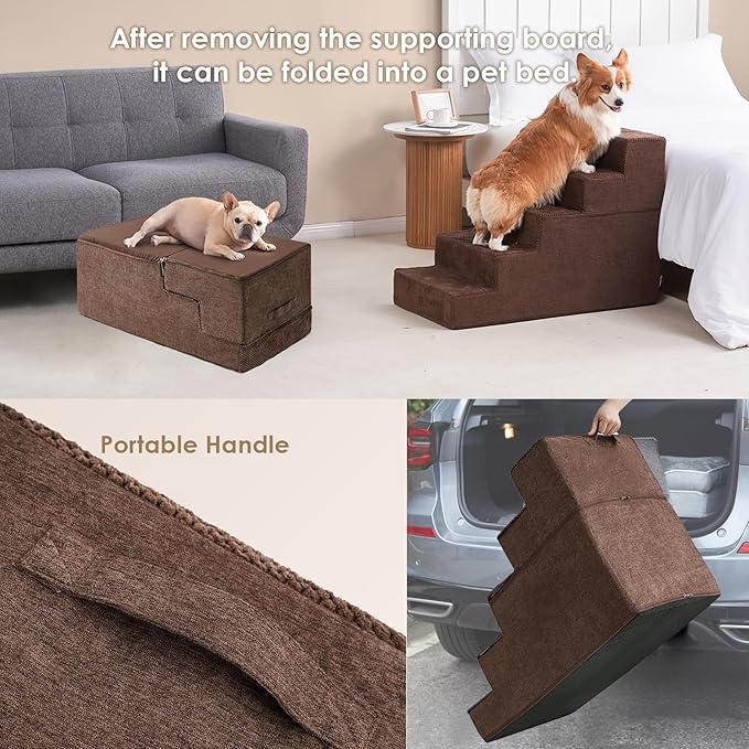 EHEYCIGA Dog Stairs for High Bed 25" H, 5-Step Extra Wide Dog Steps for Bed, Pet Steps for Small Dogs and Cats, Non-Slip Balanced Pet Ramp Indoor, Brown-PurrikoPets