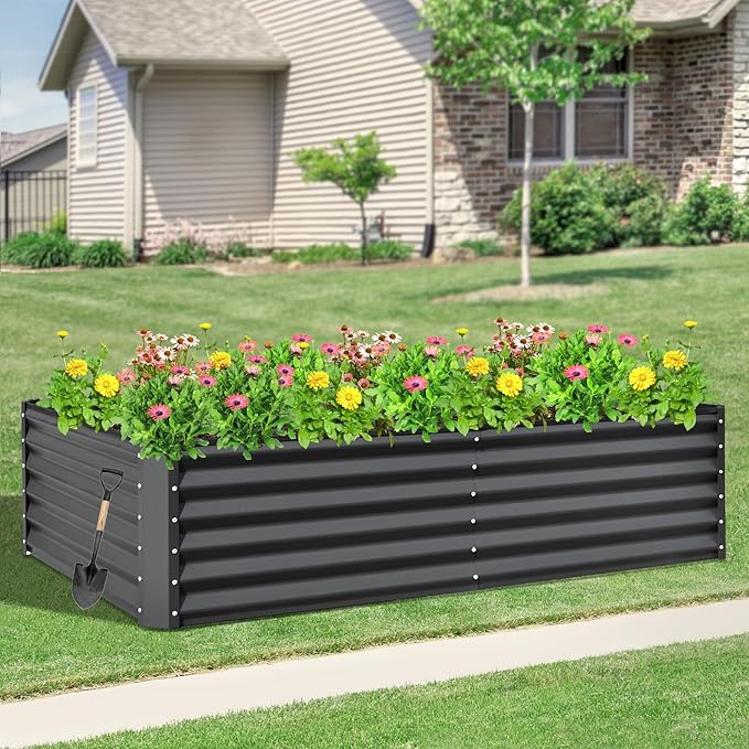 Domi Raised Garden Beds Outdoor, 8x4x1.5Ft Thickening Tall Metal Rectangular Deep Root Box Planter for Vegetables, Flowers, Herbs, and Succulents 1.5" Deep w/ 342 Gallon Capacity - Dark Gray-PurrikoPets
