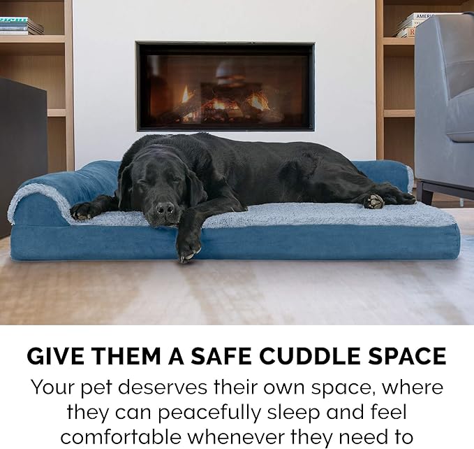 Furhaven Cooling Gel Dog Bed for Large Dogs w/ Removable Bolsters & Washable Cover, For Dogs Up to 125 lbs - Two-Tone Plush Faux Fur & Suede L Shaped Chaise - Marine Blue, Jumbo Plus/XXL-PurrikoPets