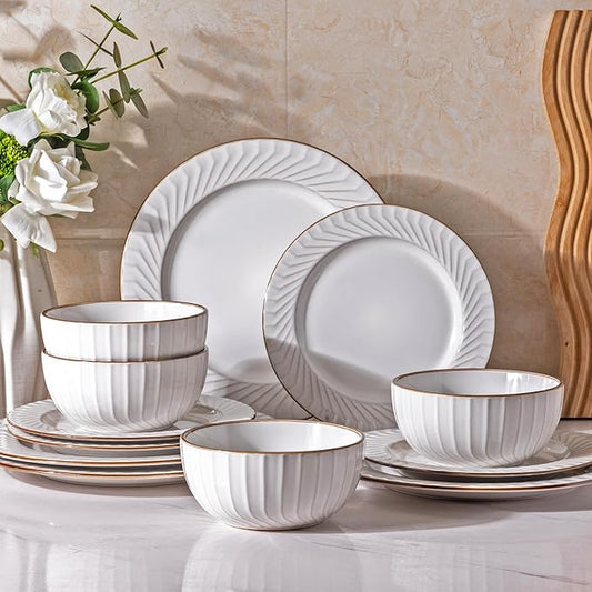GBHOME Ceramic Dinnerware Sets,12 pcs Embossed Elegant Stoneware Plates and Bowls Sets, Housewarming Wedding Gift | Dishwasher & Microwave Safe | Dishes Set Service for 4-PurrikoPets