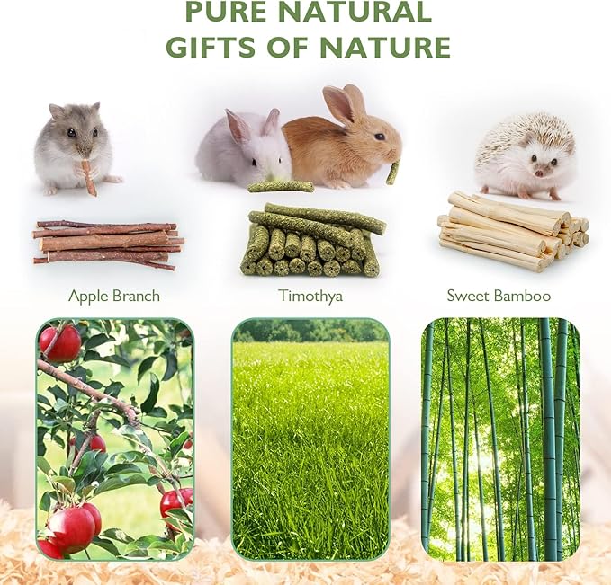300g Guinea Pig & Rabbit Chew Toys with Apple & Timothy Sticks - Prevent Overgrown Teeth with Sweet Bamboo Treats - Ideal Rabbit Treats Included!-PurrikoPets