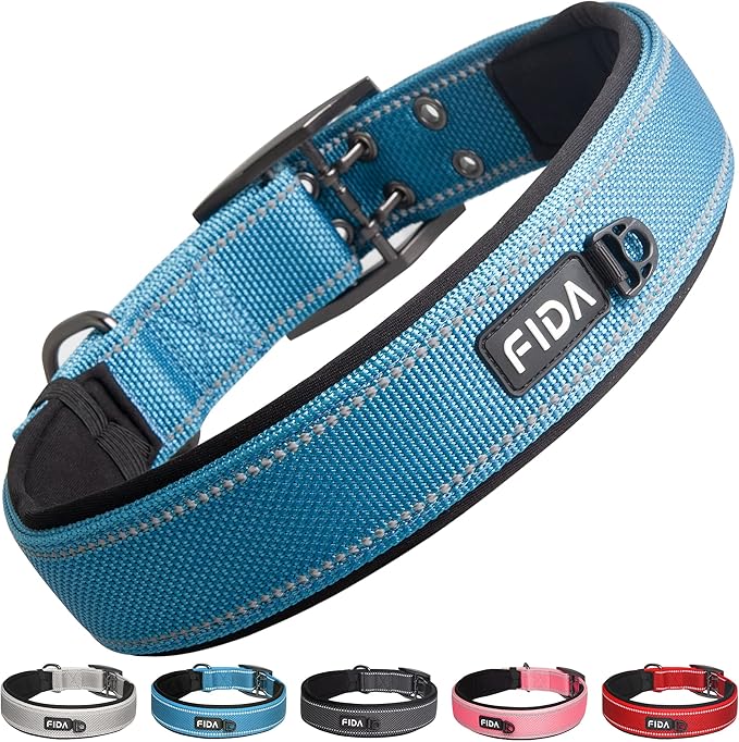 Fida Heavy Duty Dog Collar 1.5” Width, Ultra Soft Neoprene Padded, Adjustable Reflective Nylon Pet Collar with Two Metal Pin Belt Buckle for Extra-Large Breeds (XL, Blue)-PurrikoPets