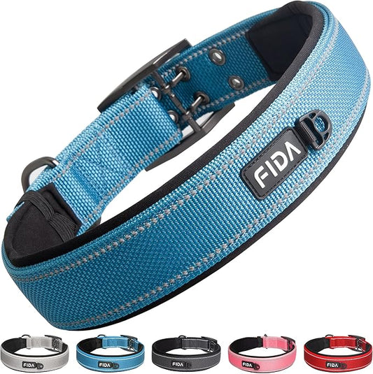 Fida Heavy Duty Dog Collar 1.5” Width, Ultra Soft Neoprene Padded, Adjustable Reflective Nylon Pet Collar with Two Metal Pin Belt Buckle for Extra-Large Breeds (XL, Blue)-PurrikoPets
