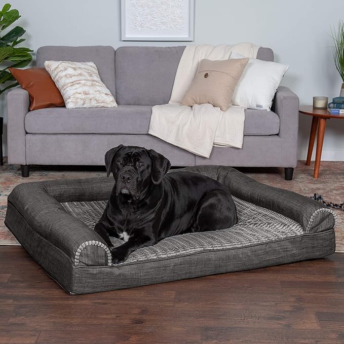 Furhaven Cooling Gel Dog Bed for Large Dogs w/ Removable Bolsters & Washable Cover, For Dogs Up to 125 lbs - Luxe Faux Fur & Performance Linen Sofa - Charcoal, Jumbo Plus/XXL-PurrikoPets