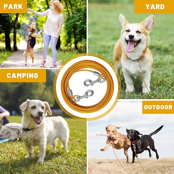 Dog Tie Out Cable 10/15/20/25/30 FT Runner for Yard Steel Wire Cable with Durable Superior Clips Yellow Chains for Outside Dog Lead for Large Up to 165 Lbs-PurrikoPets