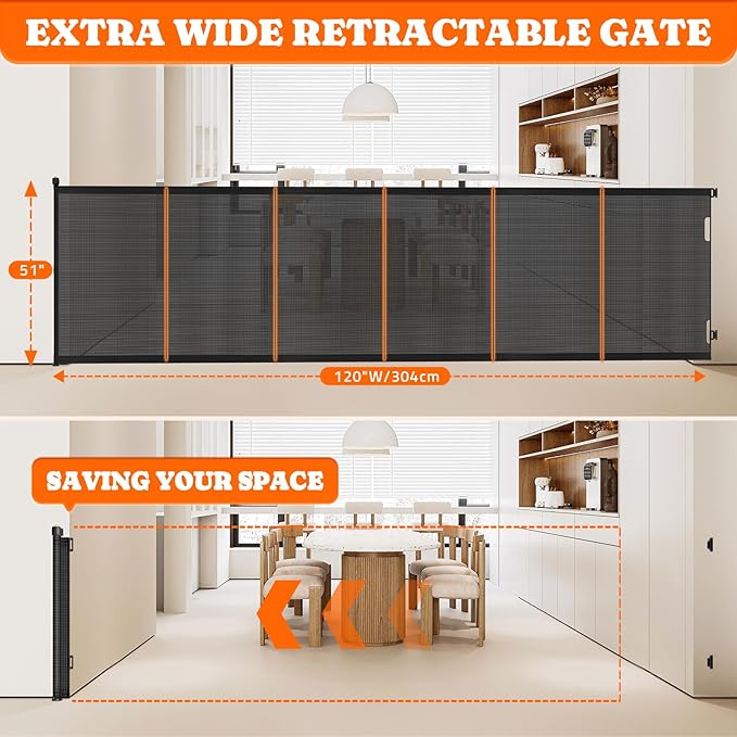 Extra Tall Retractable Baby Gates: 51" Tall Pet Gate, Extend up to 120" Wide, Mesh Baby Gate with Support Rods Jump-Proof Design for Cats & Large Dogs High Dog Cat Door Indoor Outdoor, Black-PurrikoPets