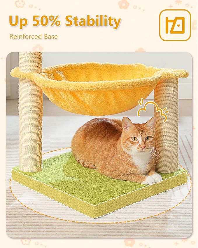 28" Flower Cat Tree Cute with Flower Top Perch, Large Hammock for Indoor Small Cats, Small Cat Tower with Cute Scratching Post and Fur Toy Ball for Kittens, Yellow-PurrikoPets