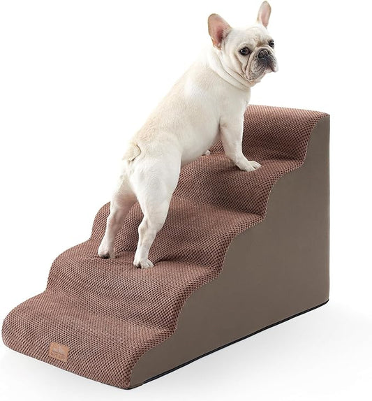 Extra Wide Dog Stairs 19.7" Width, Large Pet Step for Small Medium Dog, Puppy or Cat, Ramp for High Bed or Car, High Density Foam Ladder, Stable, 5 Step, 19.7x33x22.4 inch, Brown-PurrikoPets