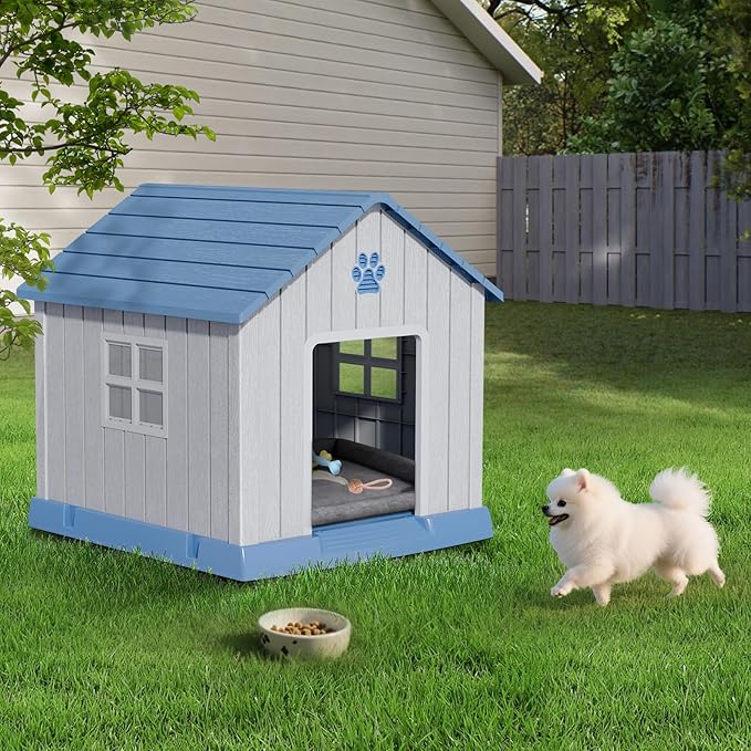 Dog House Indoor Outdoor for Small to Large Sized Dogs Resin Outdoor Dog House with Ventilation Puppy Shelter with Elevated Floor, Easy to Assemble, Blue-PurrikoPets
