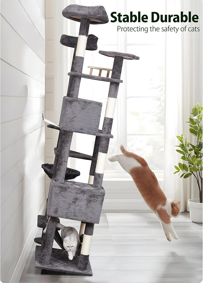 85in Giant Cat Tree for Heavy Duty Big Cats, Large Cat Trees with Scratching Post, Cat Tree Tower with Cat Condos, Hammock & Plush Perch for Maine Coon, Smoky Gray-PurrikoPets