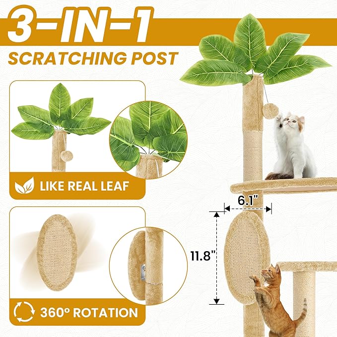 55 Inch Large Cat Tree Tower for Indoor Cats with Hammock Green Leaves Sisal Scratching Post, Plush Hang Ball Play Furniture for Kittens & Adult Cats, New Beige-PurrikoPets
