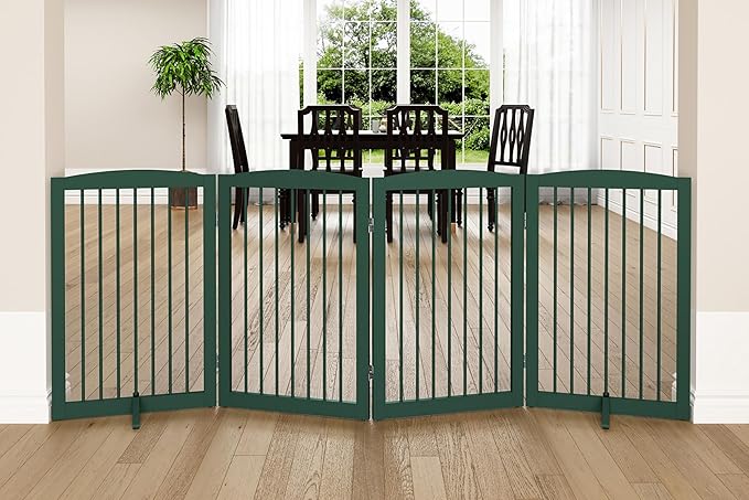 Freestanding Pet Gate for Dogs, Indoor Wooden Dog Gate for House, Foldable Dog Gate for Doorway, Stair, Step Over Pet Puppy Safety Fence Tall, 80 Inch Wide, 4 Panels 32", Green-PurrikoPets