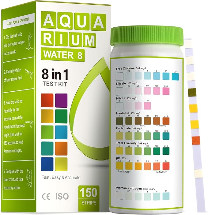 AAwipes 8-in-1 Aquarium Test Kit (150 Strips) for Freshwater & Saltwater - Quick & Accurate Water Testing for Aquariums & Ponds. Tests Free Chlorine, Hardness, pH, Ammonia Nitrogen, etc. (K02-150)-PurrikoPets
