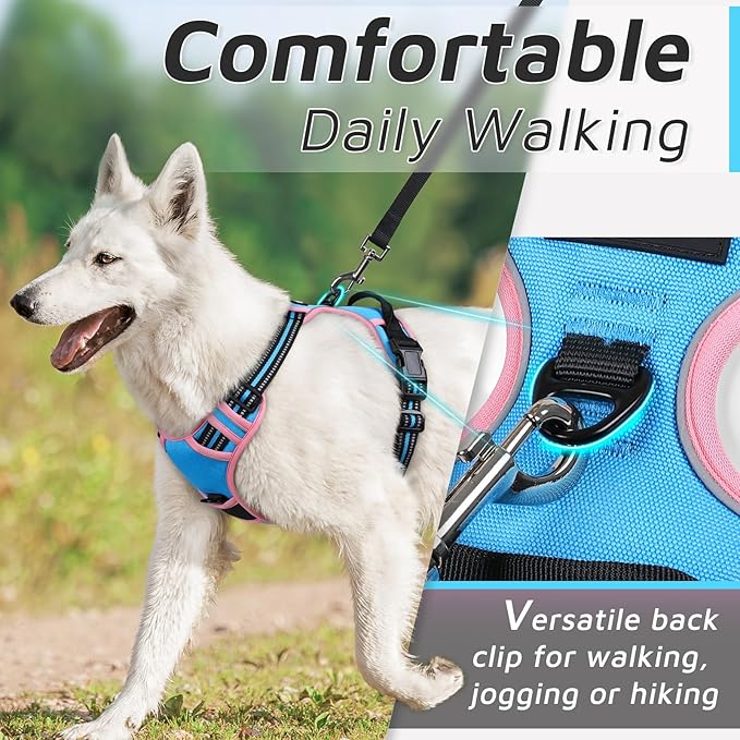 Eagloo Dog Harness for Large Dogs, No Pull Service Vest with Reflective Strips and Control Handle, Adjustable and Comfortable for Walking, No Choke Harness with 2 Metal Rings, Pink & Blue, M-PurrikoPets