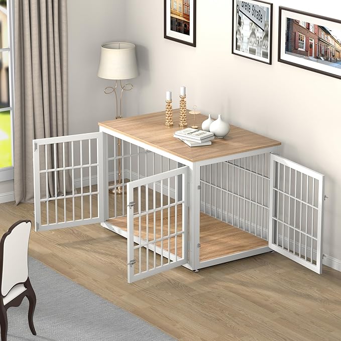 48 Inch Heavy Duty Dog Crate Furniture for Large Dogs, Decorative Pet House End Table, Extra Large Wooden Cage Kennel Furniture Indoor, Natural and White-PurrikoPets