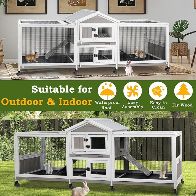 Double Rabbit Hutch Outdoor Indoor Large Bunny Cage with Dual Side Runs, 2-Story Wooden Hutch with 4 Leak Proof Trays, 8 Wheels, Waterproof Roof, Ramp, for Small to Medium Animals-PurrikoPets