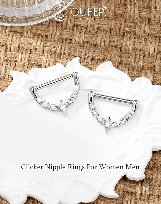 OUFER 2PCS 14G Nipple Piercing Jewelry, 316l Surgical Steel Nipple Rings for Women Men, Clear CZ Hinged Segment Clicker Rings Hoops- Silver