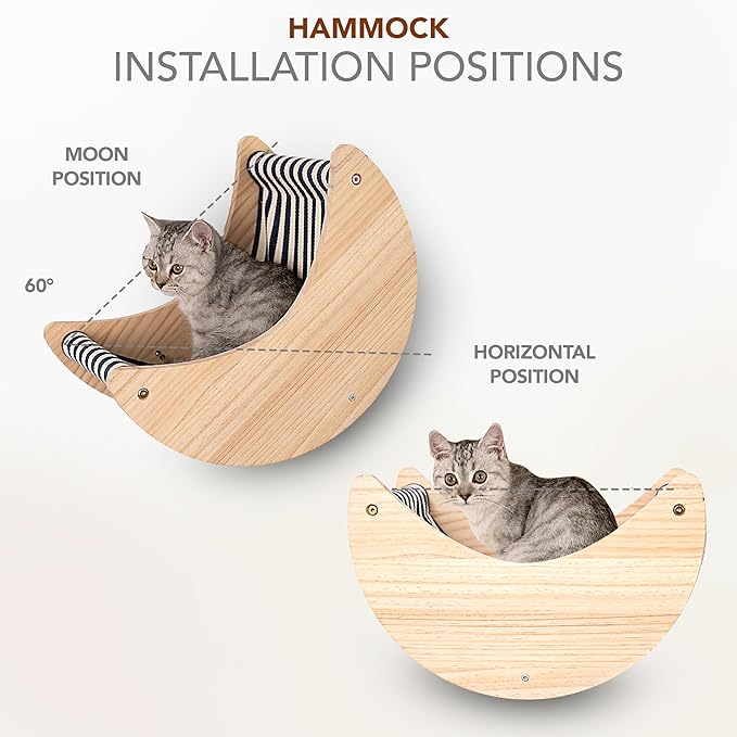 3-Piece Cat Wall Furniture Set - Hammock, Hexagon House, Climbing Steps - Wall Mounted Shelves, Perches, and Beds - Modern Design for Large Cats and Kittens & Spare Hammock Fabric Included-PurrikoPets