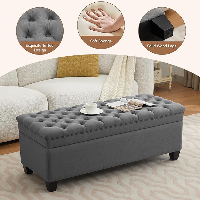 51" Fabric Storage Ottoman Bench, Upholstered Rectangle End of Bed Storage Ottoman Tufted Living Room Bedroom Bench with Safety Hinge, Solid Wood Legs, Loads 500 lb(Dark Grey)-PurrikoPets