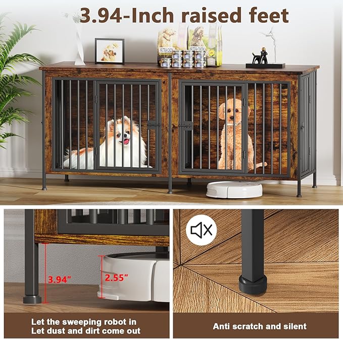 EasyCom 63" Dog Cage Furniture for 2 Pets with Divider, XL Wooden Double Dog Crate Furniture TV Stand for Mideum Breed, Durable and Sturdy-PurrikoPets