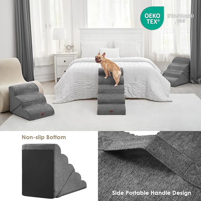 EHEYCIGA Curved Foldable Dog Stairs Ramp for High Beds 22.5" H, 5-Step Dog Steps for Small Dogs and Cats, Pet Stairs for High Bed Climbing, Non-Slip Balanced Pet Step Indoor, Grey-PurrikoPets