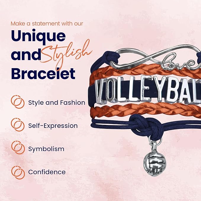 Volleyball Bracelets For Girls- Ideal Volleyball Gifts & Souvenirs. Adjustable Charm Bracelet with Moveable Letters, Infinity Symbol & Silver Volleyball Charm. Fashionable Bracelets by SportyBella.