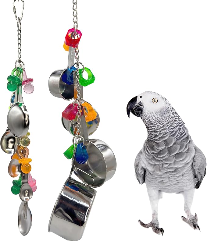 1970 Pk2 Pot and Spoon Delight Features Shiny pots and Spoons with Acrylic Rings and Pacifiers, Handcrafted for African Greys Amazons Macaws-PurrikoPets