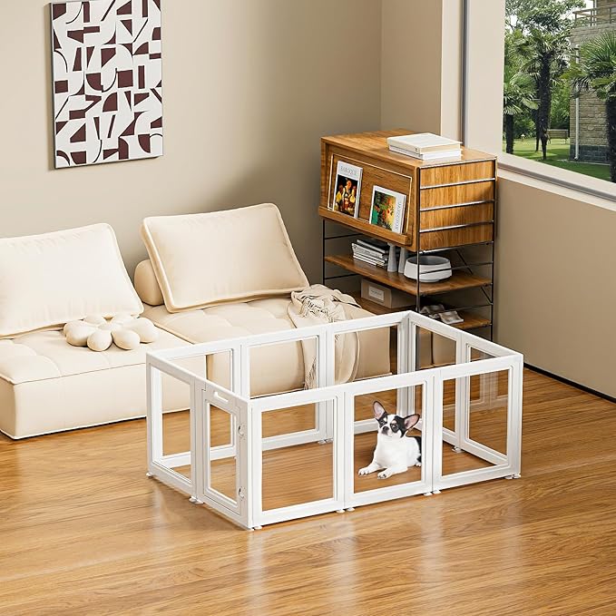 Dog Playpen Transparent Puppy Playpen Indoor, Easy Assemble & Disassemble Clear Pet Playpen, Sturdy & Easy Cleaning Plastic Dog Fence with Suction Cup (23.6"" H, 10PCS), White-PurrikoPets