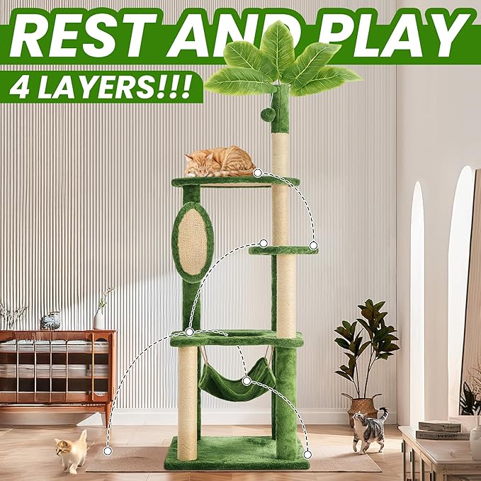 55 Inch Large Cat Tree Tower for Indoor Cats with Hammock Green Leaves Sisal Scratching Post, Plush Hang Ball Play Furniture for Kittens & Adult Cats,New Green-PurrikoPets
