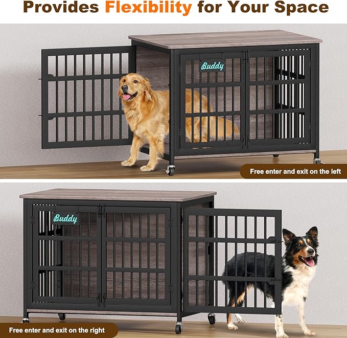 EasyCom 42"/41"/33" XL Dog Crate Furniture with Casters, Heavy Duty Dog Kennel Indoor for Large and Medium Dogs, Double-Doors Sturdy Dog Cage for Anxiety Dog, Decorate House as TV Stand, Bedside Table-PurrikoPets