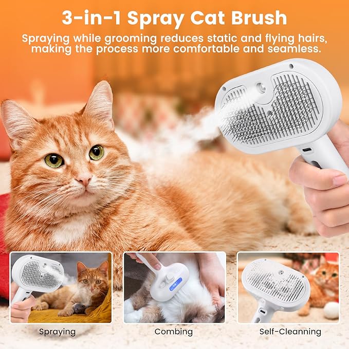 3 in 1 Cat Steam Brush, Pet Steam Brush for Cat Dog Long Short Haired, Pet Spray Hair Removal Comb for Small Animals Shedding & Grooming, Water Mist Spray Brushes with Release Button(White)-PurrikoPets