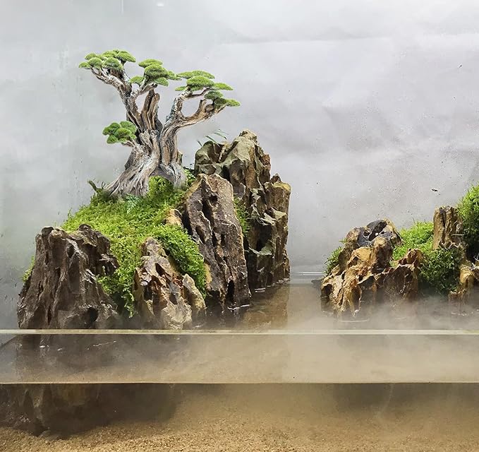 Fish Tank Decor- Bonsai Tree of The Forest with Faux Moss- Aquarium Decoration Aquascaping- Made of Sandstone, 8.8 x 4.3 x 7.8 inches-PurrikoPets
