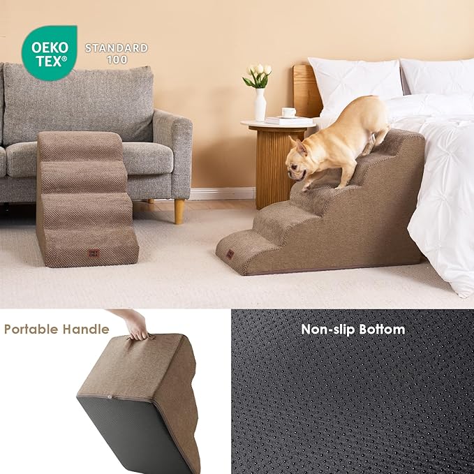 EHEYCIGA Curved Dog Stairs Ramp for High Beds 22.6" H, 5-Step Dog Steps for Small Dogs and Cats, Pet Stairs for High Bed Climbing, Non-Slip Balanced Pet Step Indoor, Camel-PurrikoPets