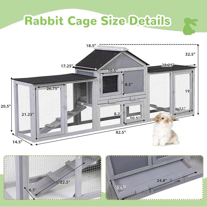 82.5” Large Wooden Rabbit Hutch Outdoor Easy to Assemble Rabbit Cage and Durable Bunny Hutch Indoor with Cleaning Tray & Waterproof Roof for Small and Medium Bunny Rabbit Chick (Grey)-PurrikoPets