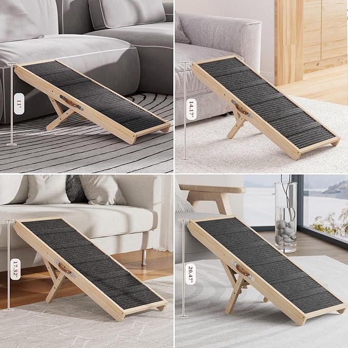 Dog Ramp for Couch, Wooden Pet Ramps 39.37" Long Adjustable 11"-20.47" Folding Puppy Ramps with High Traction Mat, Dog Stairs for Small & Medium Older Dogs & Cats, up to 150lbs-PurrikoPets