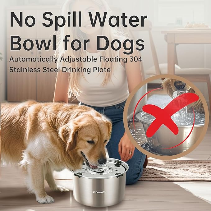 5.6L/190oz Large Dog Water Bowl No Spill, No Drip Dog Water Dispenser with Floating Disk, Stainless Steel Slow Drinking Bowl for Small Medium & Large Dogs-PurrikoPets