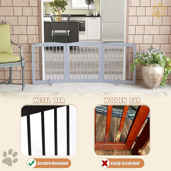 Freestanding Pet Gate for Dogs, Foldable Wooden Dog Gate for House, Indoor Dog Gate for Doorways, Stairs, Gates for Dogs Indoor, Support Feet Included, 24" Height 3 Panels, Grey-PurrikoPets