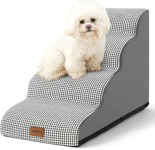 Dog Stairs for Small Dogs 19.7" H, Curved Dog Step for Puppy, Older or Cat, Medium Pet Ramp for Sofa, Couch or Bed, Ladder with High Density Foam, 15.7x28.3x19.7 inch, 4 Step, White Black-PurrikoPets