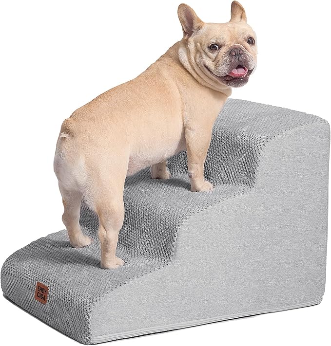 EHEYCIGA Curved Dog Stairs Ramp for Small Dogs 15.7" H, 3-Step Dog Steps for Couch Sofa and Chair, Pet Stairs for Cats, Non-Slip Balanced Pet Steps Indoor, Light Grey-PurrikoPets