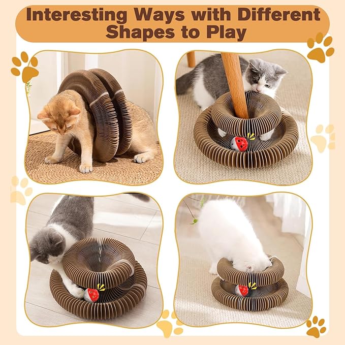 2 PCS Magic Organ Cat Scratcher Board with 6 Balls, Foldable Recyclable Accordion Cats Toy with Ball and Track Adventure, Cat Scratching Pad, Retractable Reversible Furniture Protector(Brown)-PurrikoPets