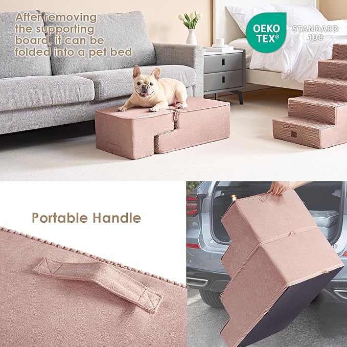 EHEYCIGA Dog Stairs for Bed 18" H, 4-Step Dog Steps for High Bed, Pet Steps for Small Dogs and Cats, Non-Slip Balanced Pet Ramp Indoor, Pink-PurrikoPets