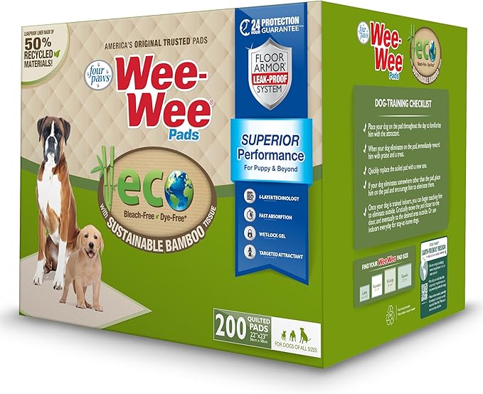 Four Paws Wee-Wee Superior Performance Bamboo Pee Pads for Dogs, Earth Friendly Dog & Puppy Potty Training Pads, Crate Liners, Housebreaking Supplies, 22" x 23" (200 Count)-PurrikoPets