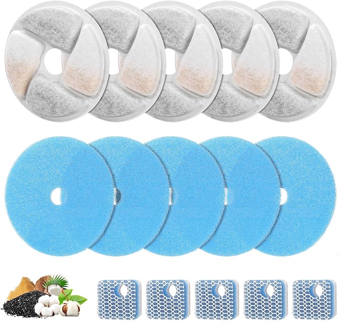 5 Set Cat Water Fountain Filter Replacement for Square 2.2L/73oz Stainless Steel Cat Fountain, ZEKIRY Pet Fountain Filter, Triple Filtration Replacement Filters(5 Filter, 5 Sponge, 5 8D Sponge)-PurrikoPets