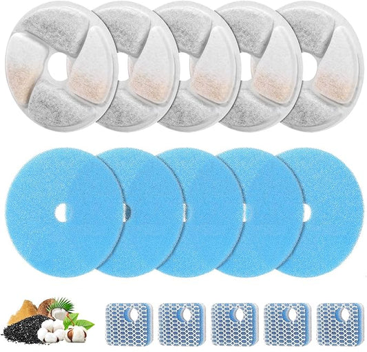 5 Set Cat Water Fountain Filter Replacement for Square 2.2L/73oz Stainless Steel Cat Fountain, ZEKIRY Pet Fountain Filter, Triple Filtration Replacement Filters(5 Filter, 5 Sponge, 5 8D Sponge)-PurrikoPets