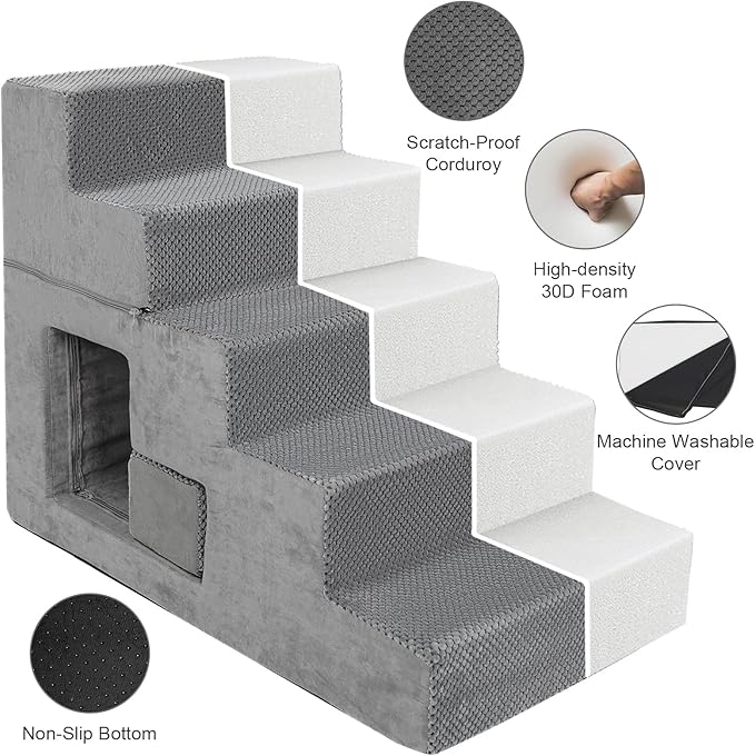 Dog Stairs for Small Dogs 23” H, 5-Step Dog Steps for High Bed, High-Density Foam Pet Stairs with Non-Slip Removable Washable Cover to Get on Bed-PurrikoPets