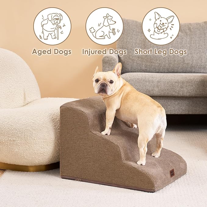 EHEYCIGA Curved Dog Stairs Ramp for Small Dogs 15.7" H, 3-Step Dog Steps for Couch Sofa and Chair, Pet Stairs for Cats, Non-Slip Balanced Pet Steps Indoor, Camel-PurrikoPets