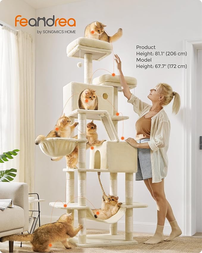 Feandrea Cat Tree, 81.1-Inch Large Cat Tower with 13 Scratching Posts, 2 Perches, 2 Caves, Basket, Hammock, Pompoms, Multi-Level Plush Cat Condo for Indoor Cats, Beige UPCT190M01-PurrikoPets