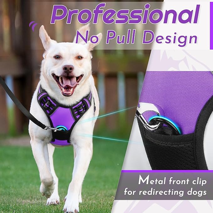 Eagloo Dog Harness Medium Sized Dog, No Pull Service Vest with Reflective Strips and Control Handle, Adjustable and Comfortable for Easy Walking, No Choke Pet Harness with 2 Metal Rings, Purple, M-PurrikoPets