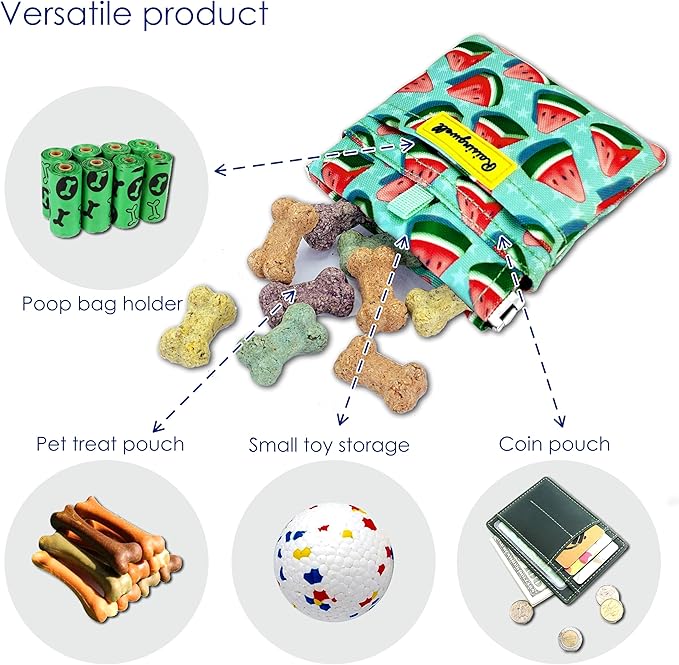 Dog Treat Pouch,Cotton Pocket Sized Training Holder, Hand Free Walking Funny Bag with Carabiner, Self-Closing Pet Feed Snack Reward, Behavior Aids for Puppy Travel or Outdoor Use（Watermelon）-PurrikoPets